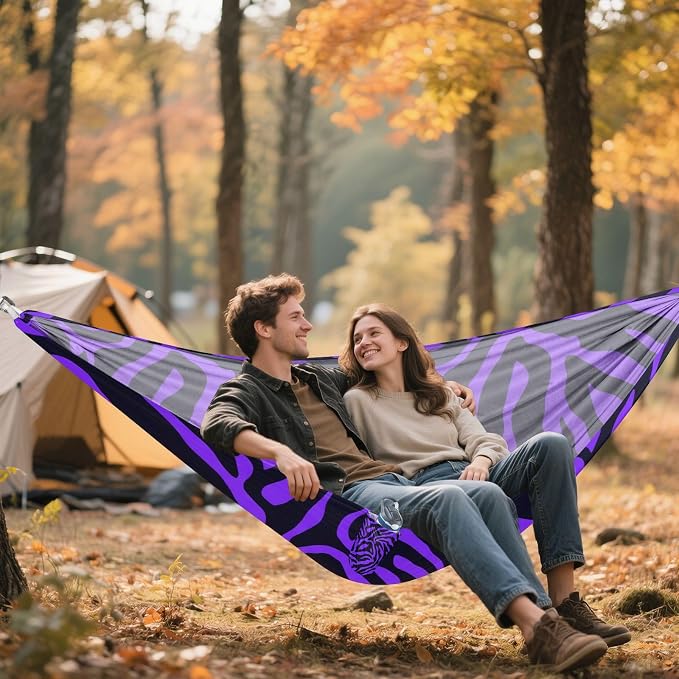 Purple Black Print Camping Hammock, 330lbs Load Capacity, Comfortable Portable Hammock with Tree Straps for Outdoor, Backyard, Beac