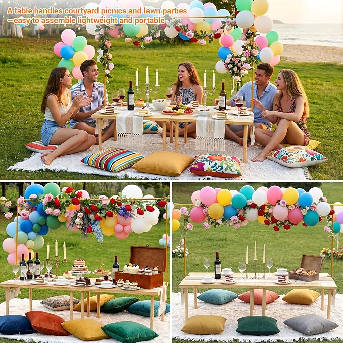 Upgraded Mini Low Wooden Folding Picnic Table with 8-Legs, Thick Varnished Tabletop, 44"×30" Portable Boho Beach Table with Table Runner for Yard, Camping, Indoor & Outdoor (Vertical Stripe)