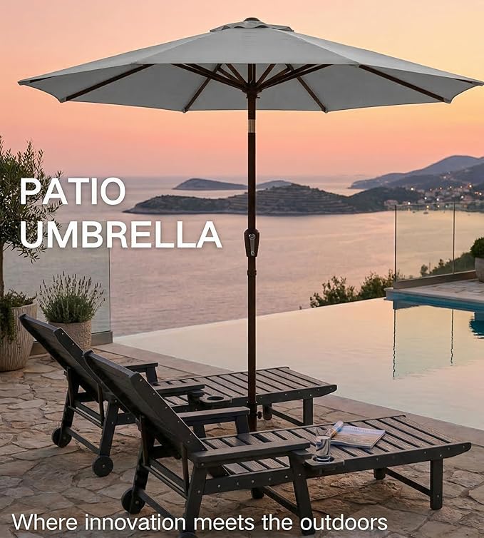 PatioKingdom 9FT Patio Outdoor Umbrella-UPF 50+ Sun Shade with Wind Vent, Push-Button Tilt & Smooth Crank Lift, Rust-Resistant Fiberglass Frame for Garden, Backyard,Yard (Light Gray)