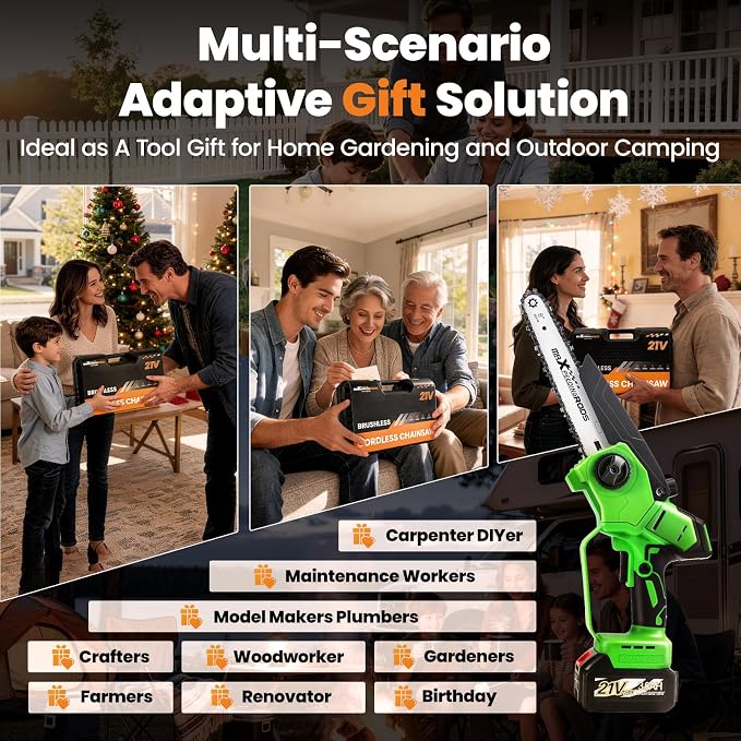 maXpeedingrods Electric Chainsaw Cordless, 8 Inch & 6 Inch Mini Chainsaw with 3.0Ah Battery, Brushless, Auto Oiler & Tool-Free Tensioner, Handheld Portable Chainsaw (8inch Light Green with 3.0Ah)