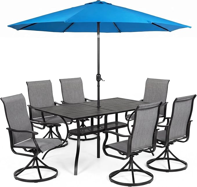 Crownland 7 Piece Furniture Patio Dining Set with Sky Blue Umbrella, 6 Swivel Metal Chairs and Rectangular Outdoor Dining Table, Outdoor Furniture Dining Set for Lawn, Backyard, Garden(Grey)