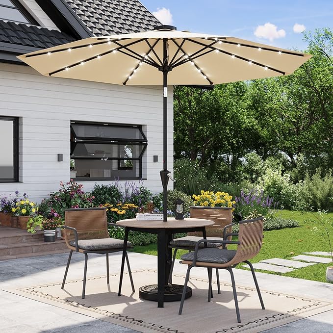 Garvee 9/10 FT Solar Patio Umbrella with 32 LED Lights - Outdoor Table Umbrella with Crank Lift, Push Button Tilt and 8 Sturdy Ribs - Market Umbrella UV Protection for Pool, Deck, Yard, Garden