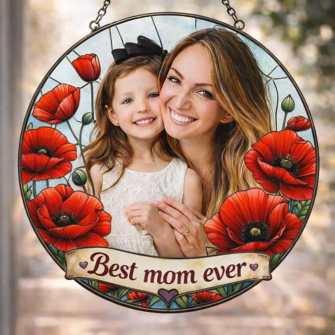Personalized August Poppy Birth Flower Stained Glass Suncatcher – Custom Photo & Name Window Hanging Keepsake Gift for Mom, Grandma, Mother’s Day or August Birthday