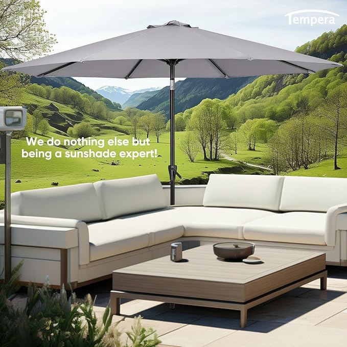 Tempera Patio Market Outdoor Table Umbrella with Push Button Tilt and Crank, Large Sun Umbrella with Sturdy Pole & Fade Resistant Canopy, Easy to Set