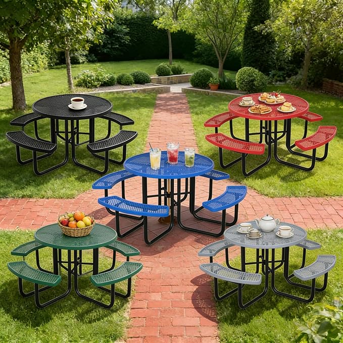46" Round Picnic Tables for Outdoors,Commercial Metal Picnic Table Bench Set W/ Umbrella Hole,Restaurant School Canteen Tables W/Seats - Heavy Duty Sturdy Picnic Tables for Patio Garden Coffee Shop