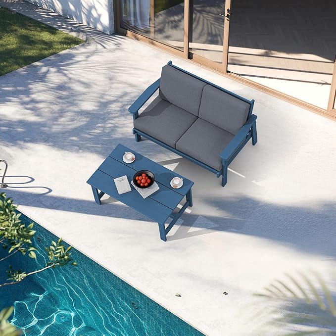 SERWALL Outdoor Loveseat, Blue Frame and Grey Cushion