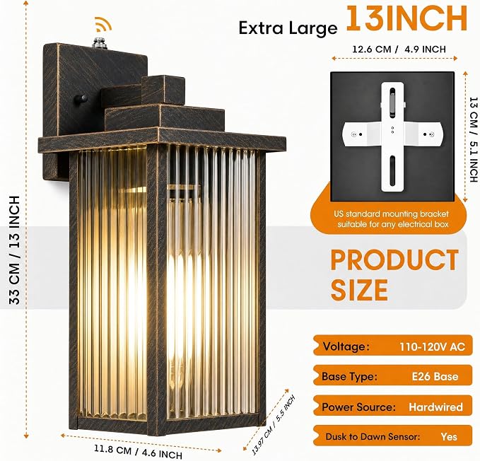 13" Black Brush Gold Dusk to Dawn Wall-Mounted Porch Light | Auto On and Off, Anti-Rust Metal Frame, Tempered Glass, E26 Socket, Easy DIY Install on Porch, Garage