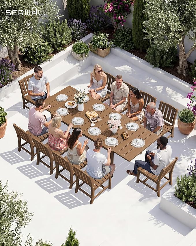 SERWALL Outdoor Patio Dining Set for 6, Brown | 60" - 83" Expandable Outdoor Dining Table and 6 HDPE Chairs, All Weather Material Outdoor Furniture Set Backyard, Garden