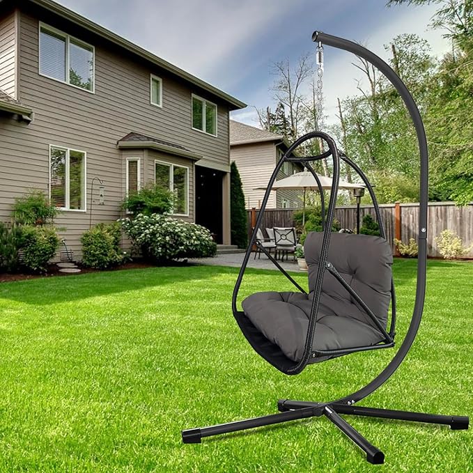 JESE Swing Egg Chair Foldable Frame Hanging Chairs, UV Resistant Waterproof Cushion and Cup Holder,Swing Hammock Chairs for Patio,Bedroom,Balcony, Garden-350lbs, Stand Included, Brown