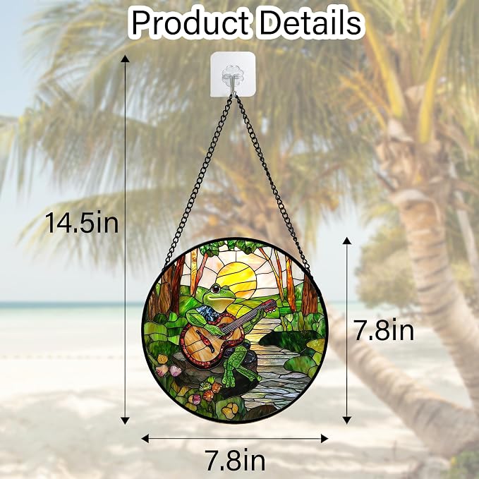 DASTOLL Stained Glass Window Hanging, Frog Playing Guitar Suncatcher Diamond Glass Panel Funny Sun Catchers Decor for Birthday for Women, Men, Wife, Aunt, and Mom 6.3 in
