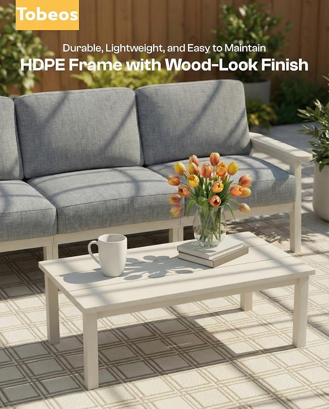 HDPE 5 Piece Patio Furniture Set, Outdoor Couch with Washable Thick Gray Cushions & Coffee Table, Outdoor Sectional Furniture for Backyard, Deck, Lawn, Porch (White Frame)