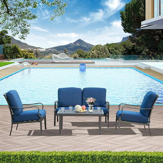 Domi Patio Conversation Set 4 Pieces, Metal Outdoor Patio Furniture with Coffee Table, All-Weather Modern Deep Seating Sofa Set with Cushions (Spring Coil Seat Cushion) -Blue