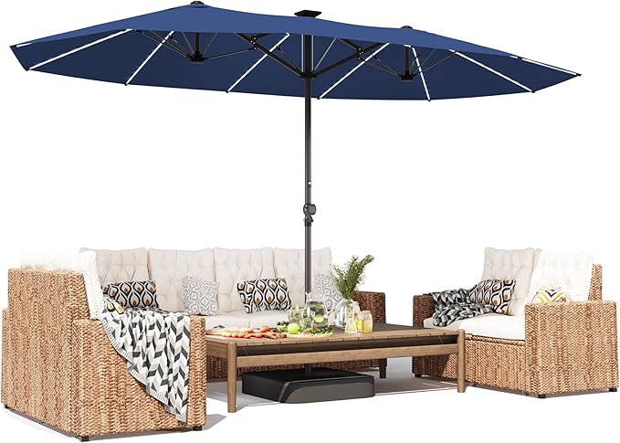 GDPFN 15ft Rectangular Patio Umbrella with Solar LED Lights, Double-Sided Outdoor Market Umbrella with Base Included, Extra Large Shade for Pool, Deck, Backyard, Garden, Navy Blue