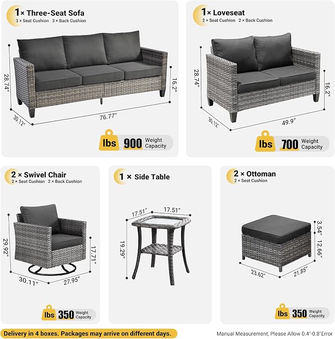 ovios 7 Pieces Patio Furniture Set, Outdoor Wicker Rattan Sofa Couch with Swivel Glider Chairs Loveseat Comfy Cushions Modern Conversation Set for Backyard Porch, Black
