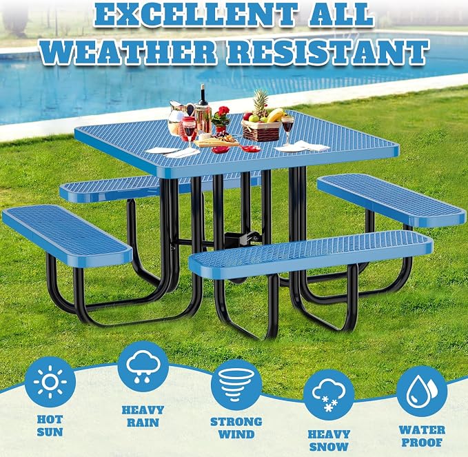 Ceridwen Heavy Duty Picnic Table with 4 Benches, Expanded Metal Steel Mesh Outdoor Patio Dining Table Bench Set with Umbrella Hole,Outdoor Patio Dining Table for Garden (Square, Blue, 46FT)