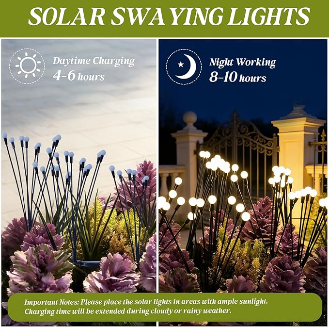 64 LED Firefly Lights Solar Outdoor, 8 Packs Warm White Waterproof Garden Light, 2 Modes Fairy Lights Solar Powered Spring Decorations for Home Landscape Yard Pathway Patio and Lawn