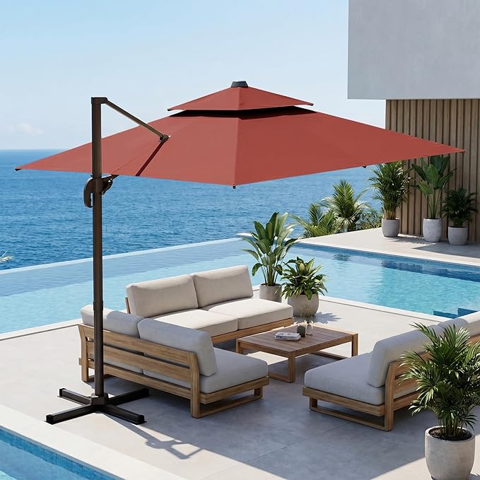 10x10 FT Patio Cantilever Umbrella (Base Not Included) (Base Not Included), Rectangular Heavy Duty Offset Umbrella for 6-8 People, 360°Rotation & Mult Tilt, Double Top Design, for Pool Garden Deck (Red)