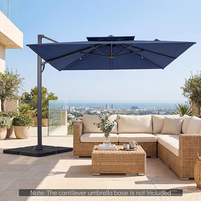 Tangkula 10 FT Patio Cantilever Umbrella, Large Square Offset Hanging Umbrella w/ 360° Rotation, 8 Sturdy Ribs, Air Vent & Cross Base, Heavy-Duty Outdoor Sun Shade for Backyard Pool Garden Deck, Navy Blue