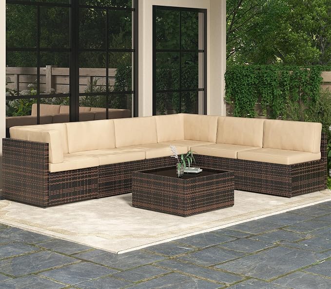 AECOJOY 7 Piece Outdoor Patio Furniture Set, Outdoor Sectional Conversation Furniture Chair with Coffee Table,Patio Sectional for Garden,Backyard(Khaki Cushions and Brown PE Rattan, with Cover)