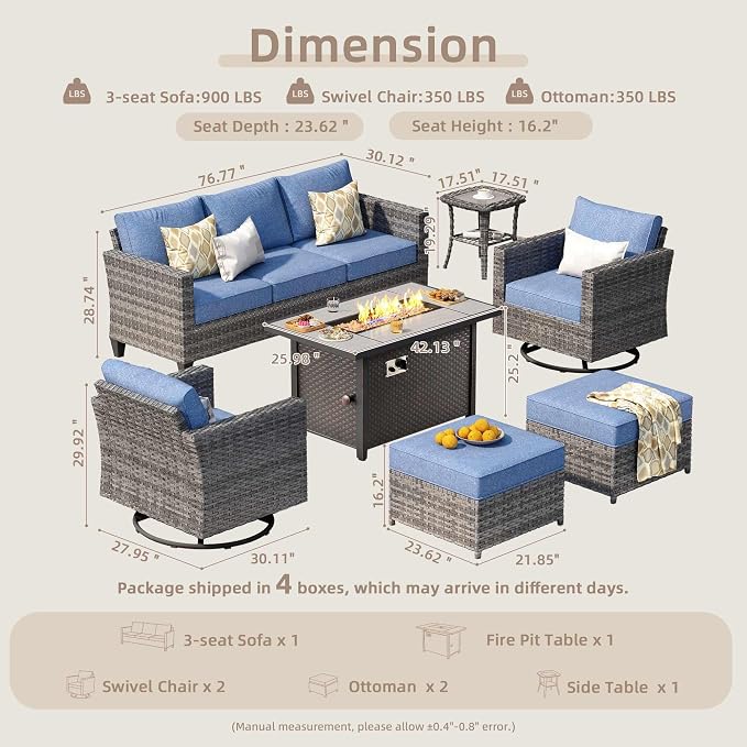 CAODOC 7 Pieces Outdoor Wicker Patio Set with 7 Seats, Including 43" Fire Pit - Swivel Rocker Chairs and Conversation Set for Backyard or Lawn, Gray Rattan with Waterproof Blue Cushions