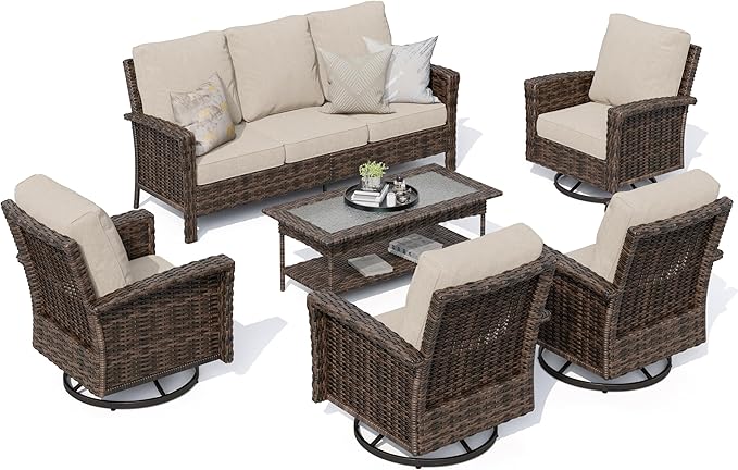 Luxury Patio Furniture Set with 5.5" Thick Cushion, Outdoor Wicker Conversation Set, 4 x High Back Swivel Patio Chairs with Tempered Glass Table, Waterproof 3-Seat Sofa for Deck Lawn Deck Yard, Beige