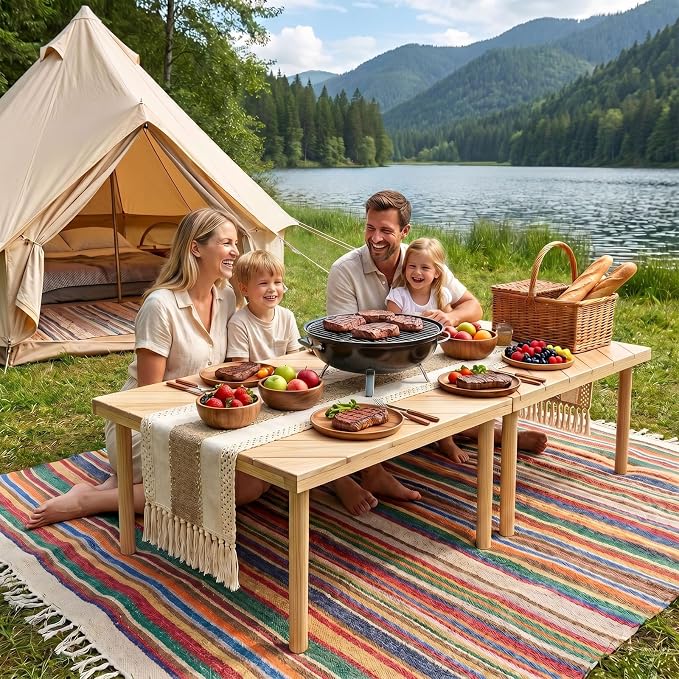 60" x 30" Folding Picnic Table with Table Runner,Upgraded 8-Legs, Extra Stable Boho Low Wood Table, Portable Large Picnic Table for Floor Seating, Adjustable Height for Beach, Wedding, Party