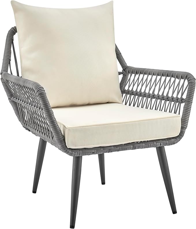 Manhattan Comfort Portofino 4-Piece Patio Conversation Set, Rope Wicker Design with Waterproof Cushions | Outdoor Furniture Includes 2 Armchairs, Loveseat & Coffee Table with Tempered Glass Top, Cream