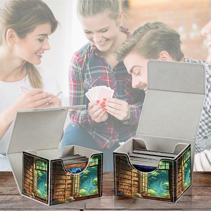 Card Deck Box for MTG, Cards Storage Box Fits 120+ Sleeved, Leather Small Size Strong Magnetic Closing Card Case for Board Games Magic TCG CCG Baseball Collection, Library Window