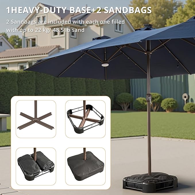15ft Large Patio Umbrellas with Base & Solar Lights,Outdoor Rectangle Double-Sided Market Umbrella with Stand & 38 LED Lights,Outside Umbrellas for Poolside Deck Backyard (Blue)