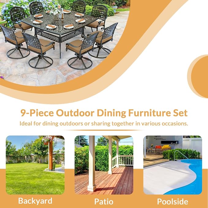 9 Piece Outdoor Patio Dining Set for 8, Cast Aluminium Large Square Dining Table & 4 Swivel Rocker Chairs, 4 Stationary, 8 Cushions, Umbrella Hole, Patio Furniture Set for Garden, Khaki