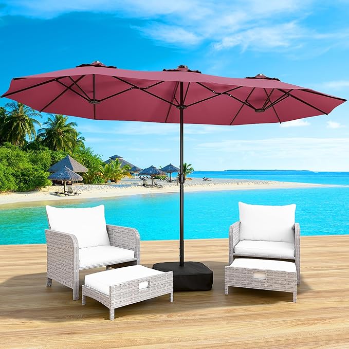 CHABATREE 15FT Double-Sided Patio Umbrella with Base Included, Large Outdoor Rectangular Market Umbrella for Backyard, Poolside, Lawn & Garden, Red