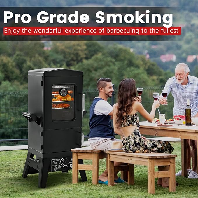 Propane Smoker,Vertical Outdoor Smoker with Cover and Temperature Control Knob,Heavy Duty View Window Gas Smoker for Outdoor Cooking, Patio, Garden Barbecue