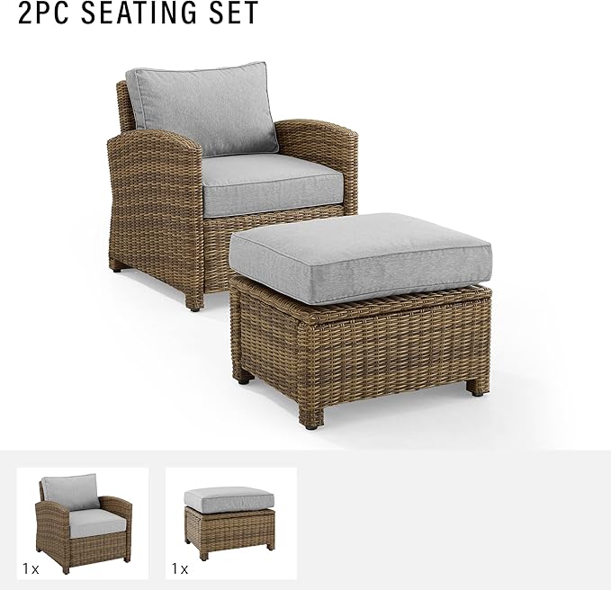 Crosley Furniture Bradenton 2-Piece Outdoor Chair and Ottoman Set, Wicker Patio Conversation Sets for Porch, Brown with Gray Cushions