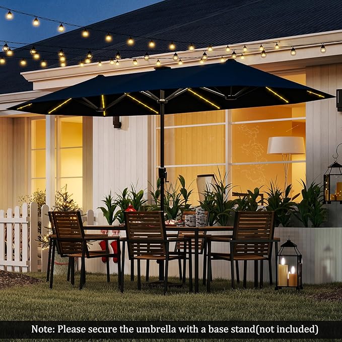 HAPPYGRILL 13 FT Double-sided Patio Umbrella with Solar Lights, Crank Handle & 12 Heavy-Duty Ribs, Outdoor Twin Size Oversized Rectangle Market Umbrella for Garden Deck Poolside
