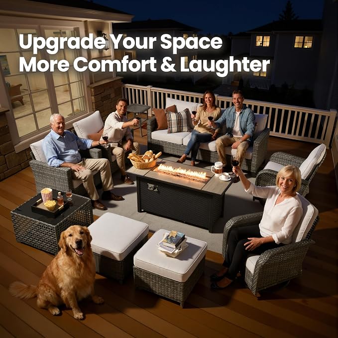 10 Piece Wicker Patio Furniture Set with Firepit, Gray | High Back Swivel Rocker Chairs, 54-inch Fire Pit, Outdoor Sofa Ottoman Solar Lights Table, Conversation Sets, Deck Backyard