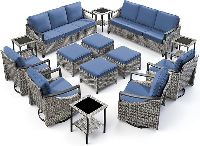 14 Piece Outdoor Patio Furniture Sets-High Back Wicker Swivel Rocker Patio Chairs Set of 4 with Thick Cushions Ottomans, Outdoor Sofa, Patio Conversation Sets for Porch Balcony Patio Deck Grey/Blue