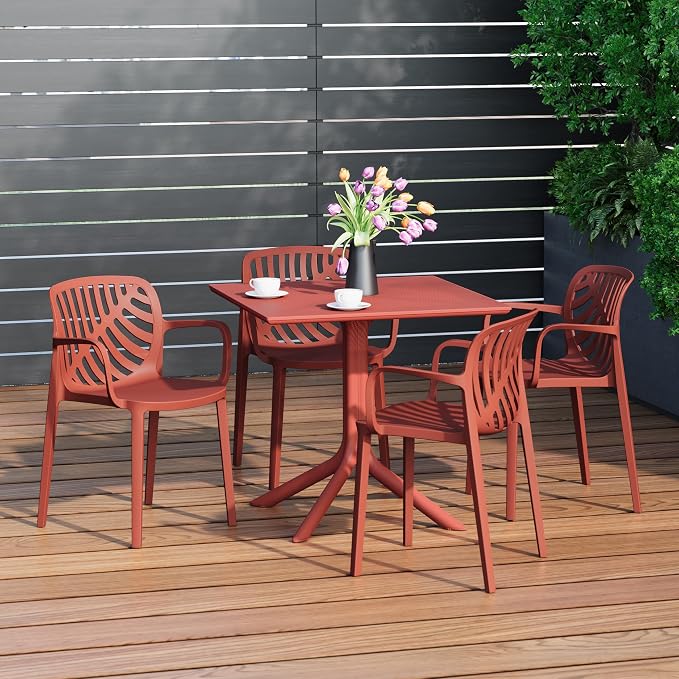 Costaelm Patio Dining Table for 4, Square PP Patio Table, 4-Person Weather Resistant Porch Tables for Outside Poolside Deck Lawn Garden Backyard, Red