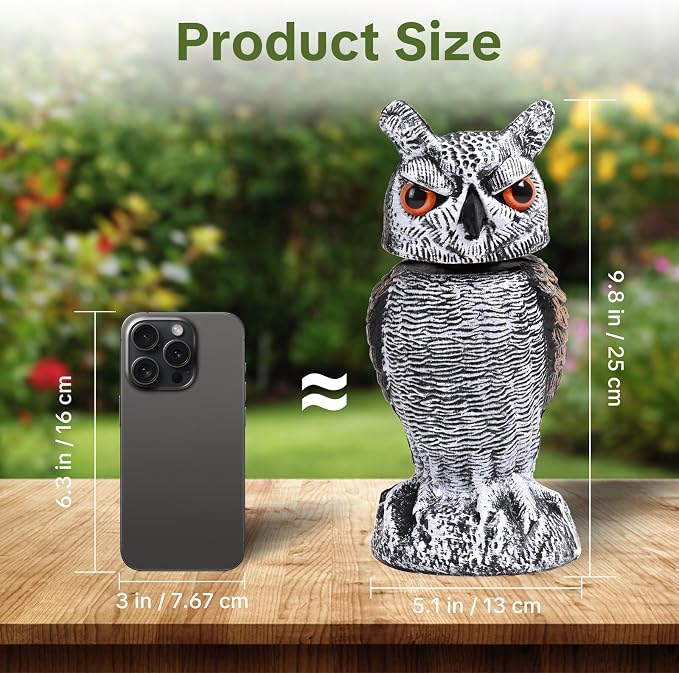 OFFO Fake Owl, Owl Statue for Garden and Yard Decoration, Weatherproof Plastic Rotating Head Outdoor Owl Decor for Porch Pool Patio Yard, 10-Inch Height, Long Ear Owl
