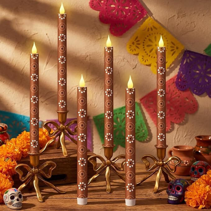 Honoson 6 Pcs Cielito Lindo Party Decorations Mexican Flameless Taper Candle 10.6 Inch Terracotta LED Candles Battery Operated Candlestick for Mexican Barro Home Cinco De Mayo Party Table Decor Gift