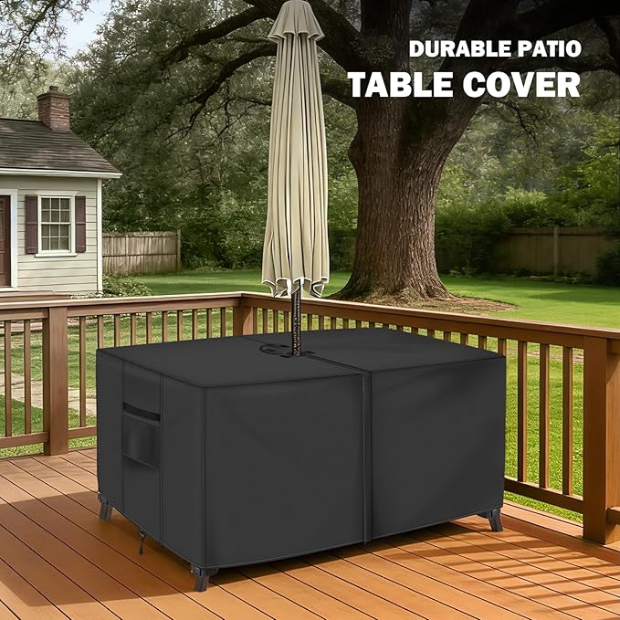 Rectangular Patio Table Cover with Umbrella Hole 72"L x 44"W x 23"H (COVER SIZE,NOT TABLE SIZE) Heavy Duty Waterproof Black Set Tarpaulins