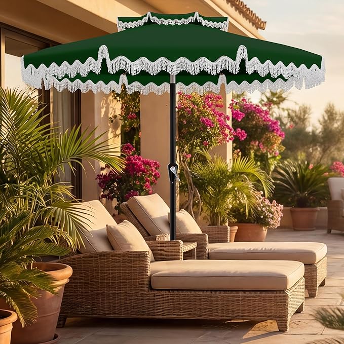 AreShark 9FT Patio Umbrella with Fringe, Wind-Resistant Fiberglass 8 Ribs Tassel Outdoor Umbrella with Crank and Push Button Tilt, Double Tier Vent Sun Shade for Pool, Deck, Backyard, Dark Green