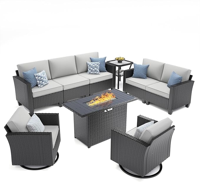UDPATIO Patio Furniture Set with Fire Pit Table and Swivel Rocking Chairs, 6 Pieces Outdoor Wicker Furniture Set with Waterproof Cover, 4'' Thickened Cushion, Light Grey
