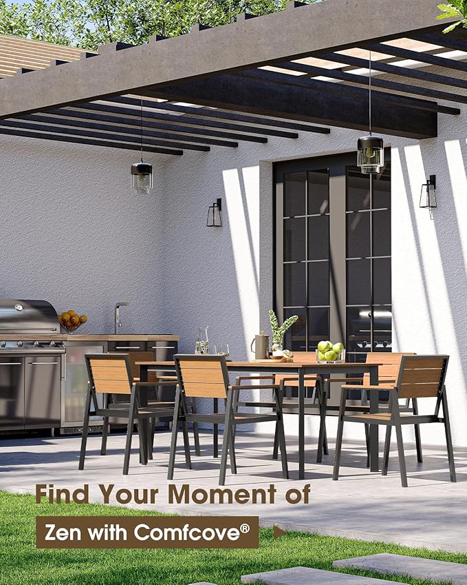 Outdoor Dining Set, Aluminum Patio HDPS Outdooor Table and Chairs Set with Umbrella Hole, All Weather Patio Furniture Set, Patio Dining Table Set,Gray & Teak,7 Pieces