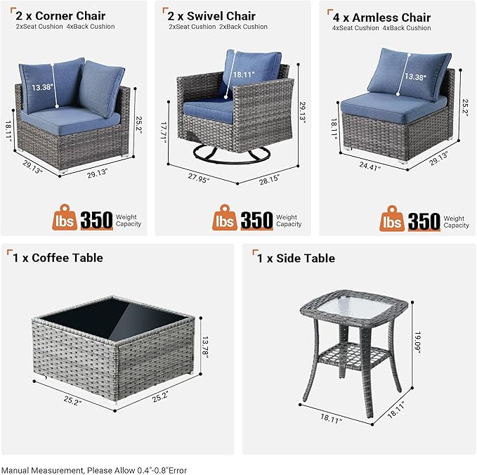 ovios Outdoor 10 Piece Coversation Set with Swivel Rocking Chair,Sectional Patio Furniture Set with All-Weather Wicker Sofa,Modern Outside Couch for Balcony Backyard Pool, Blue
