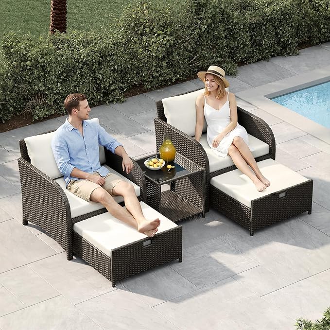 GarveeLife Balcony Furniture 5 Piece Patio Conversation Set, PE Rattan Wicker Outdoor Lounge Furniture with Hidden Ottomans, Soft Cushions & Glass Coffee Table for Porch, Backyard, Balcony, Beige