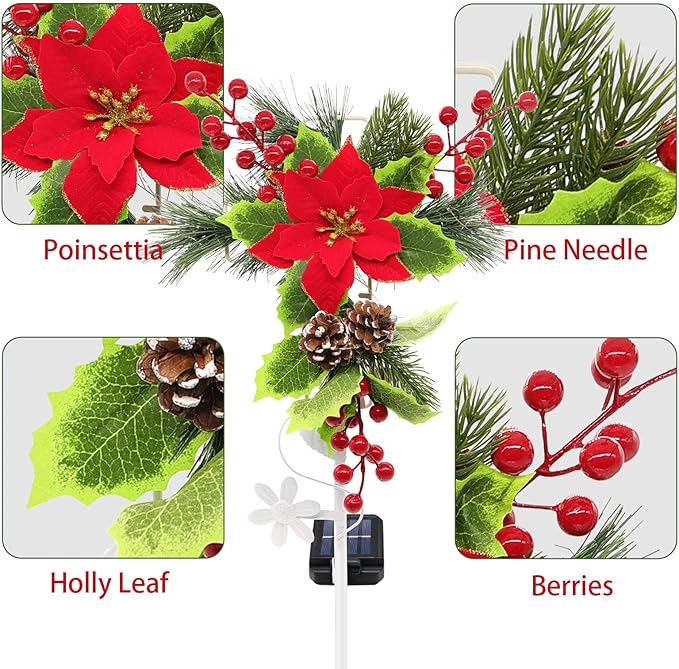 2 Pack Solar Christmas Decorations Outdoor, 32 Inch Solar Christmas Cross Stake Lights, Waterproof Grave Decorations with Poinsettia Flower Pinecones Red Berries for Garden Yard Patio Lawn Cemetery