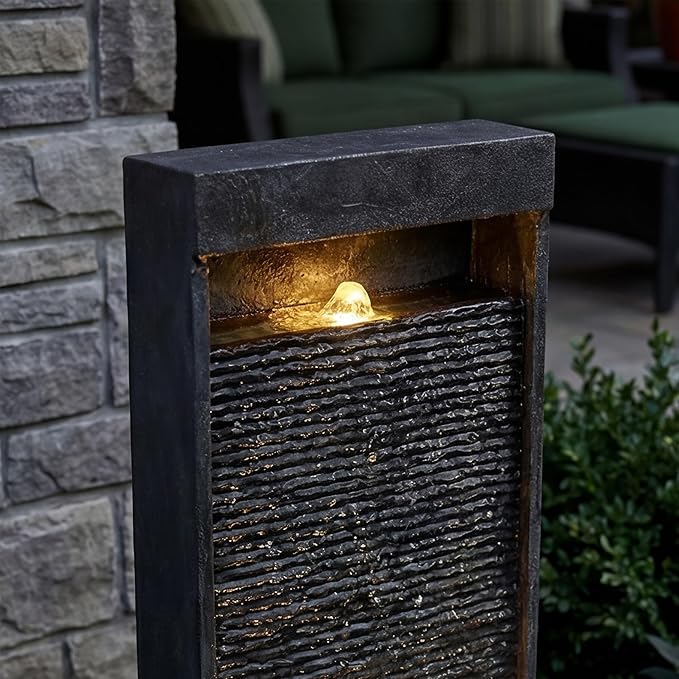 35-Inch Outdoor Water Fountain, Modern Curved Faux Slate Resin Indoor Waterfall Fountain with 2 Warm LED Lights, Home Art Decor for Garden, Patio, Yard, Deck, Porch, Balcony in Black
