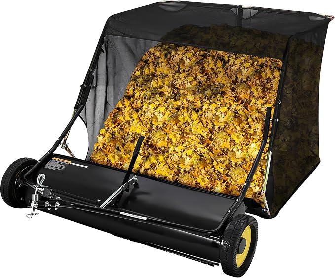 Tow Behind Lawn Sweeper, 44" Pull Behind Collector – Large Capacity Leaf & Grass Collector with Adjustable Height, Dumping Rope Design for Debris and Lawn Clippings