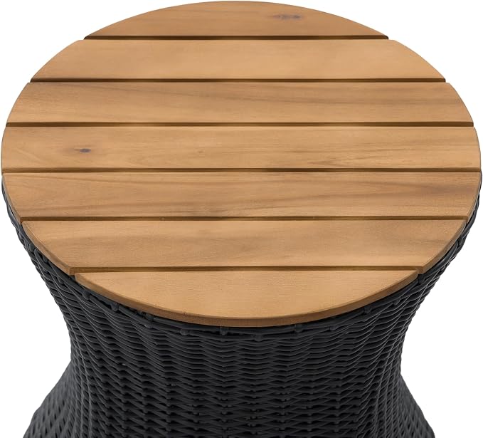 Christopher Knight Home Fenton 17.5" Outdoor Side Table, Round Patio End Table with Wood Top and Wicker Base, Small Outdoor Coffee Table for Balcony Garden Poolside, Accent Garden Stool, Black+Natural