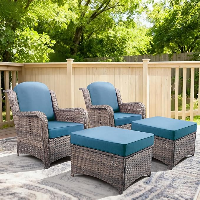 4 Pieces Patio Furniture Sets - High Back Outdoor Chairs with Ottomans, All Weather Wicker Furniture Seating Set with Thick Cushion for Porch Balcony Deck Yard, Peacock Blue